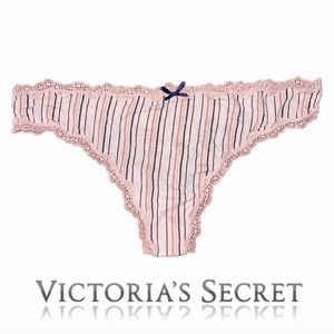 Victoria’s Secret Pink Stripe Lace Trim Thong Panty Size L